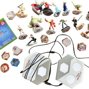 Disney Infinity Game Sets with White and Gray Bases and Lots of Game Pieces
